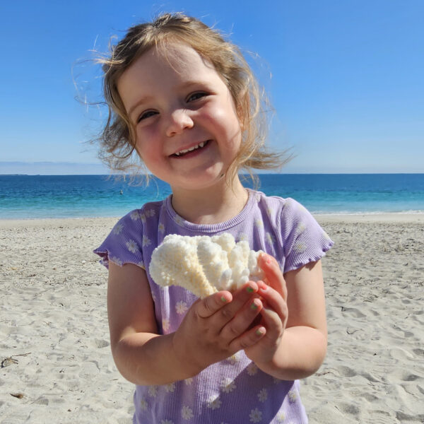 a toddler holding a sea sponge on the beach